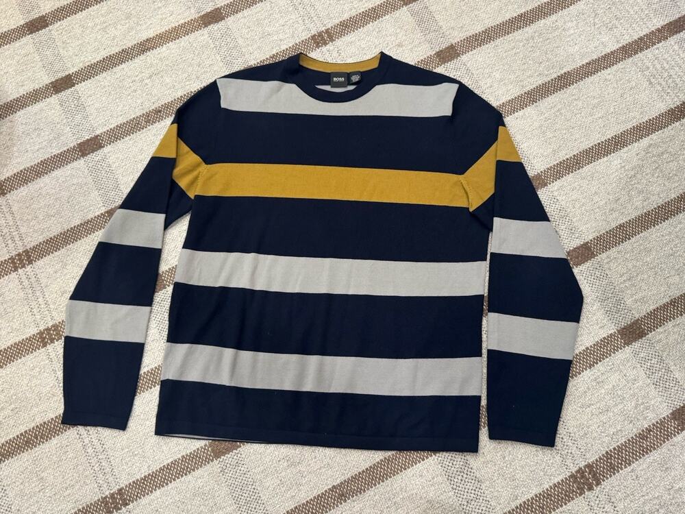 Hugo Boss Men’s Medium Virgin Wool Crewneck Sweater Stripe Blue Gray Gold